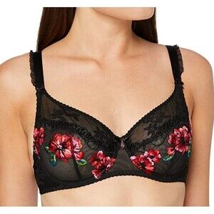 Aubade Black Embroidered Floral Reve Eveille Underwired Half Cup Bra 32C NEW‎